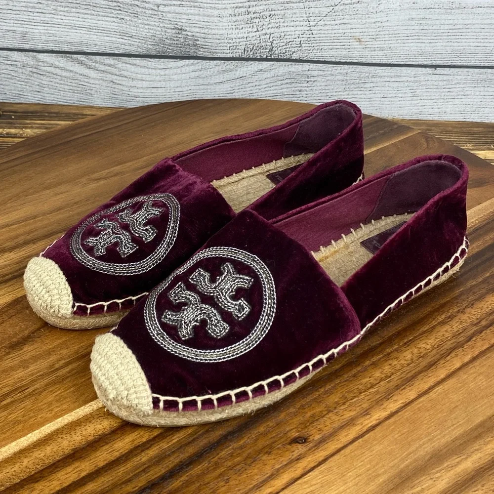 Tory Burch Chain Logo Velvet Espadrilles Bordeaux Purple Flats Women’s Size 6